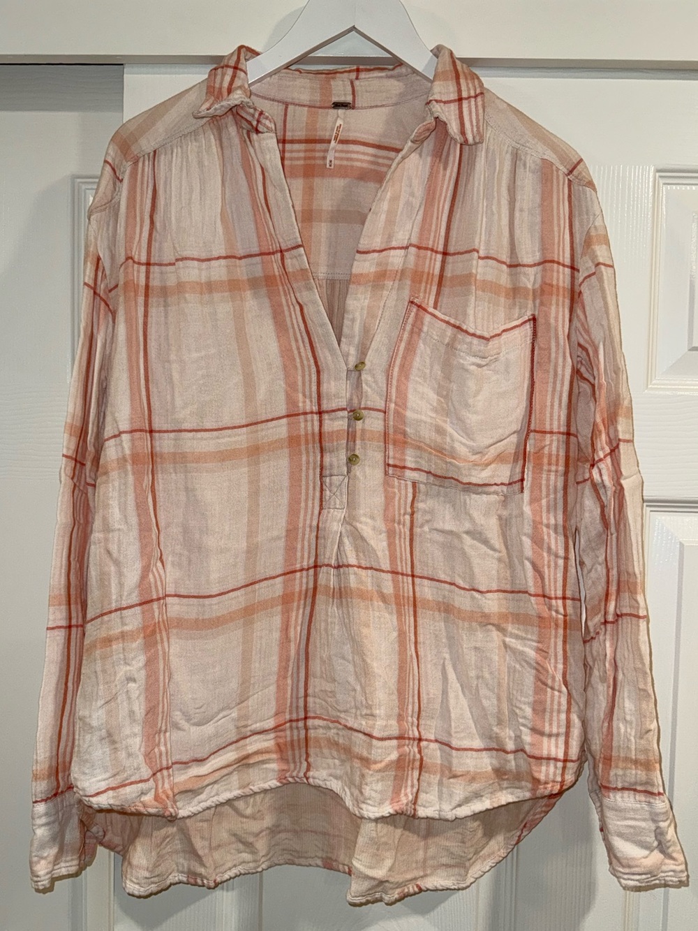 Free People Plaid Oversized “Flannel” Inspired Cotton Gauze Button Shirt Pink